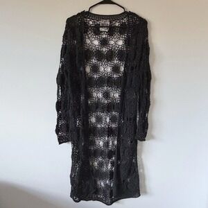 Curio Black Crochet Long Cardigan Cotton Floral Knit Womens S Beach Whimsygoth